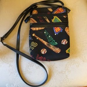 Baseball themed canvas crossbody bag with pockets and adjustable strap, EUC